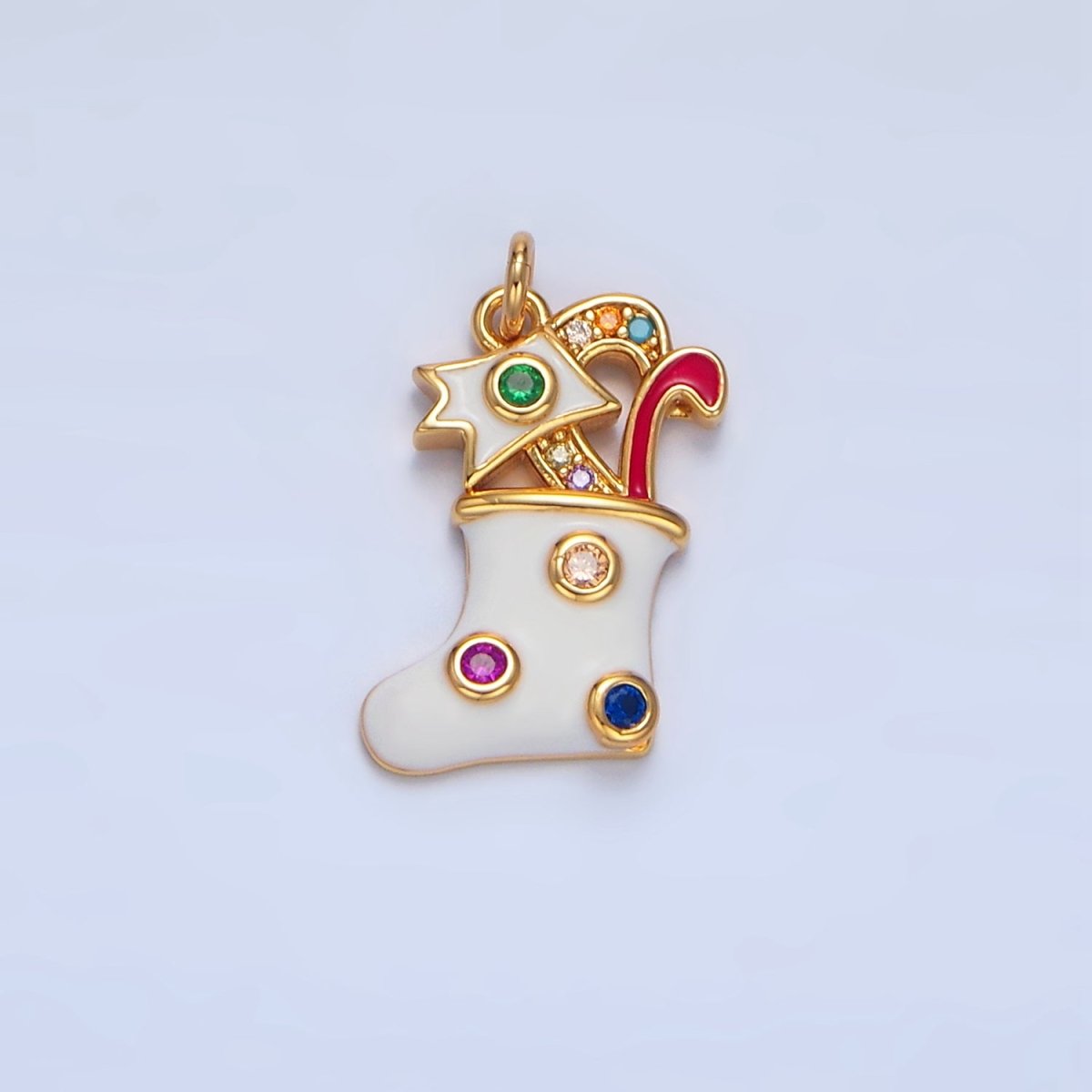 24K Gold plated Fuchsia, Green CZ Dotted White Enamel Christmas Stocking Sock Charm | X622