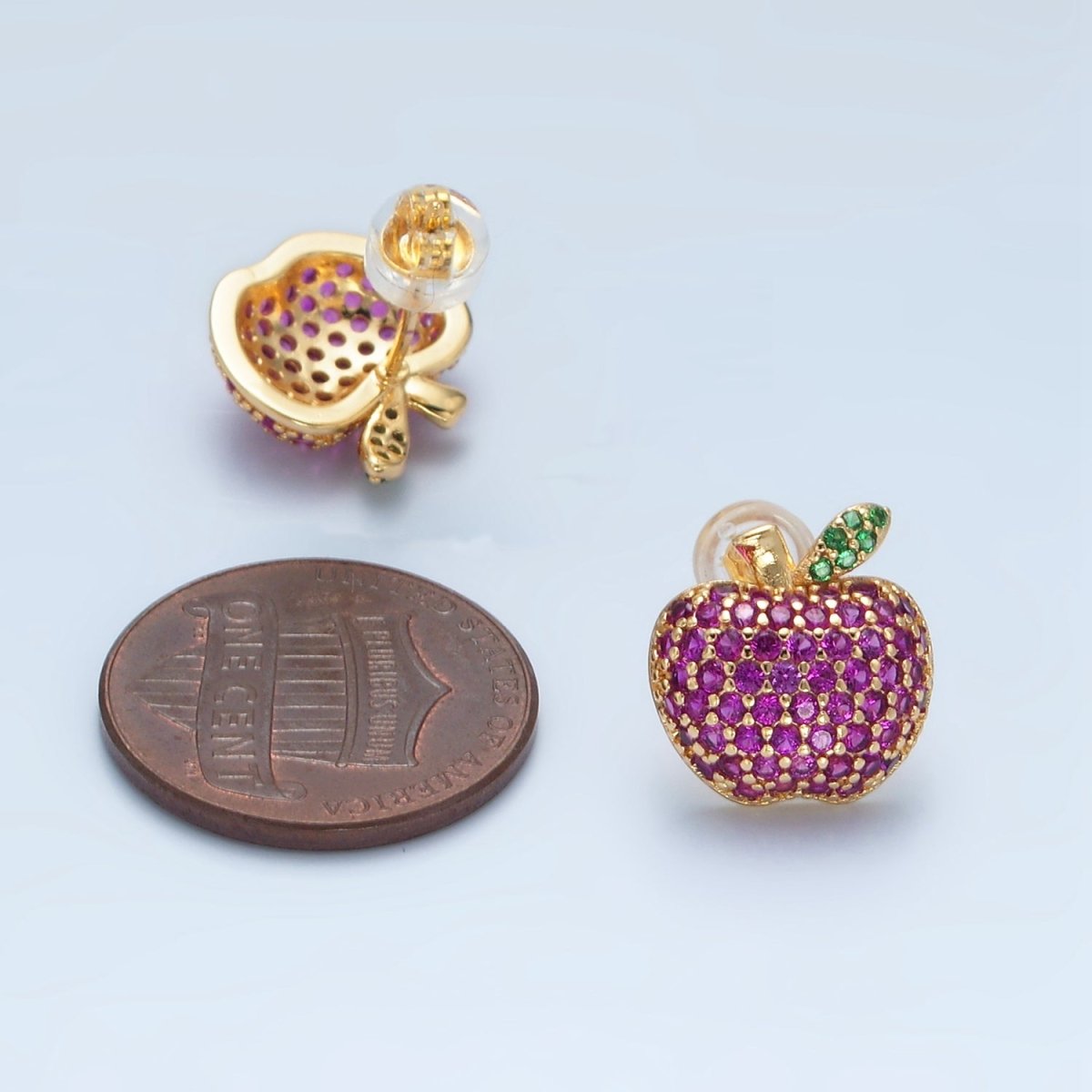 24k Gold plated Fuchsia Micro Paved CZ Apple Fruit Stud Earrings | AD743 - DLUXCA