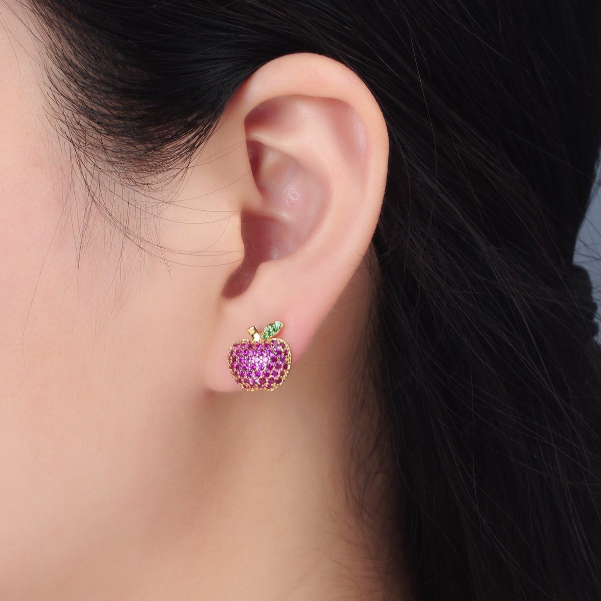 24k Gold plated Fuchsia Micro Paved CZ Apple Fruit Stud Earrings | AD743 - DLUXCA