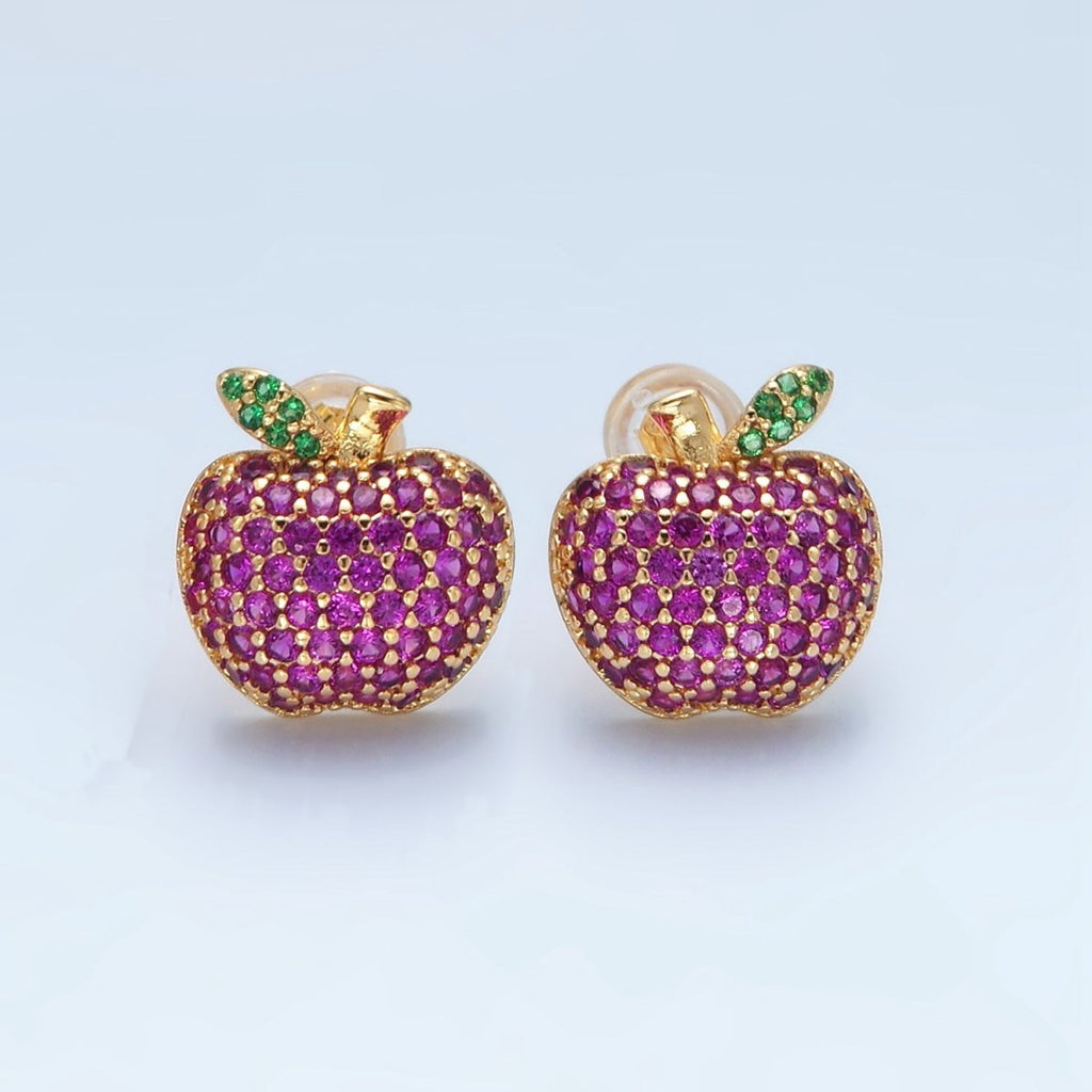 24k Gold plated Fuchsia Micro Paved CZ Apple Fruit Stud Earrings | AD743 - DLUXCA