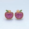 24k Gold plated Fuchsia Micro Paved CZ Apple Fruit Stud Earrings | AD743 - DLUXCA