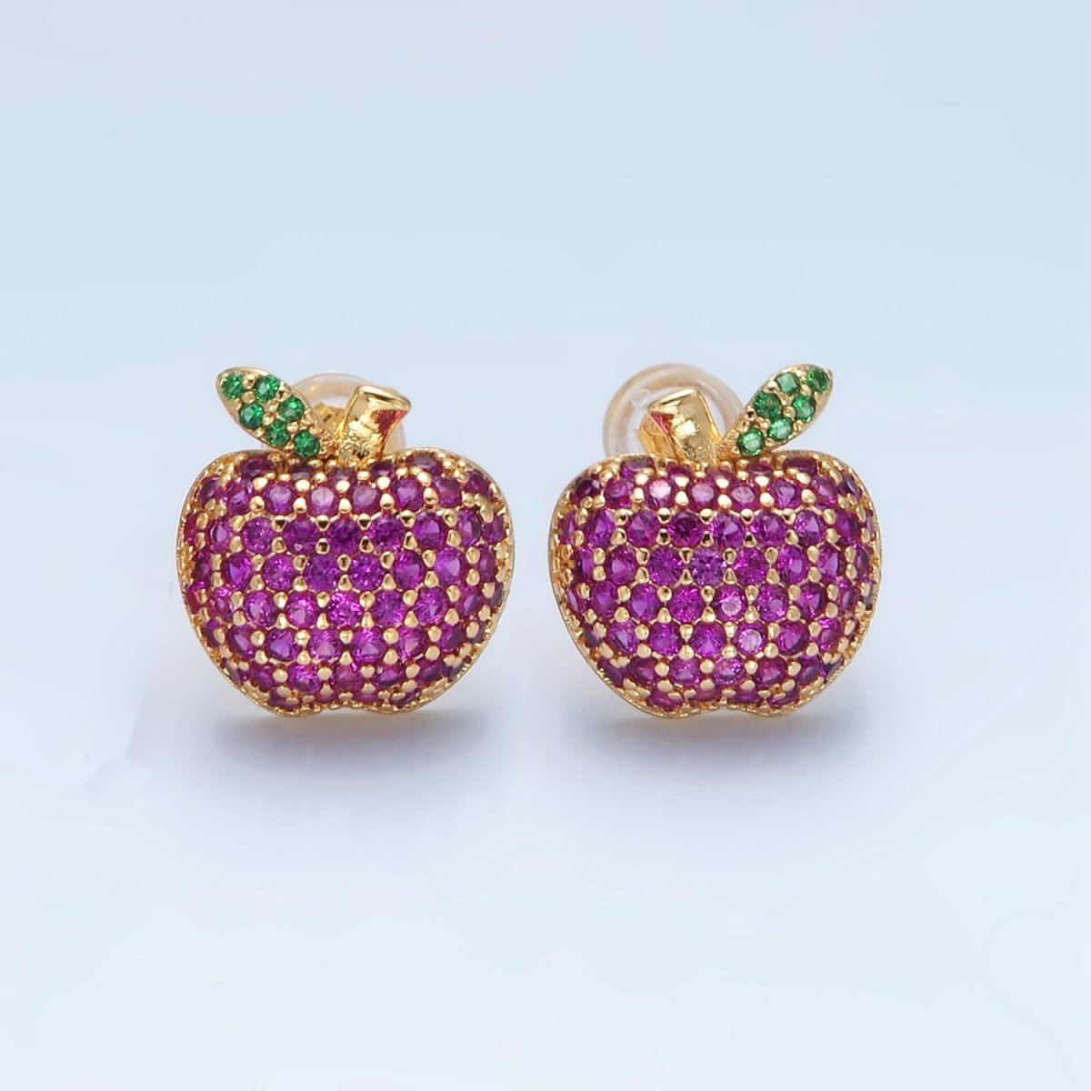 24k Gold plated Fuchsia Micro Paved CZ Apple Fruit Stud Earrings | AD743 - DLUXCA