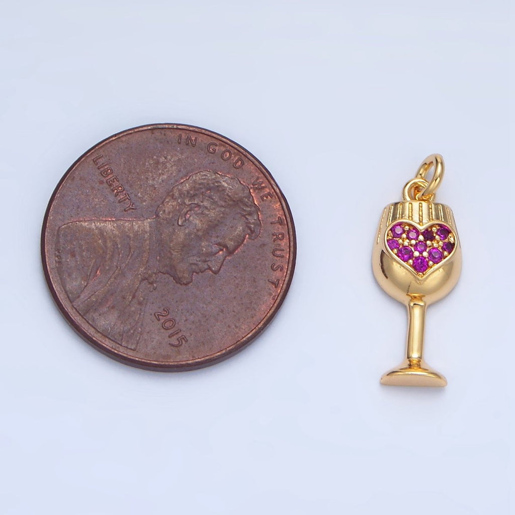 24K Gold plated Fuchsia Micro Paved CZ Heart Wine Glass Alcohol Drink Charm | X844 - DLUXCA