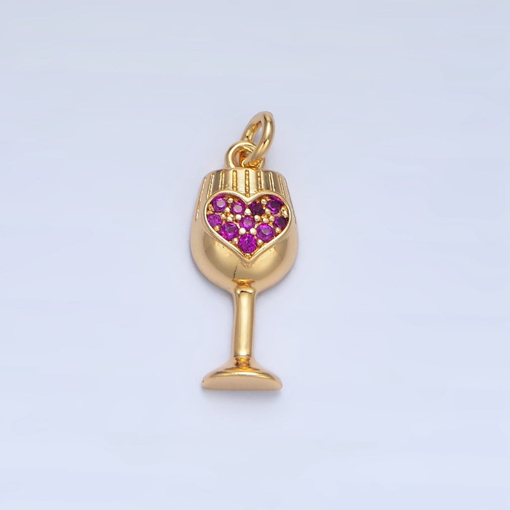 24K Gold plated Fuchsia Micro Paved CZ Heart Wine Glass Alcohol Drink Charm | X844 - DLUXCA