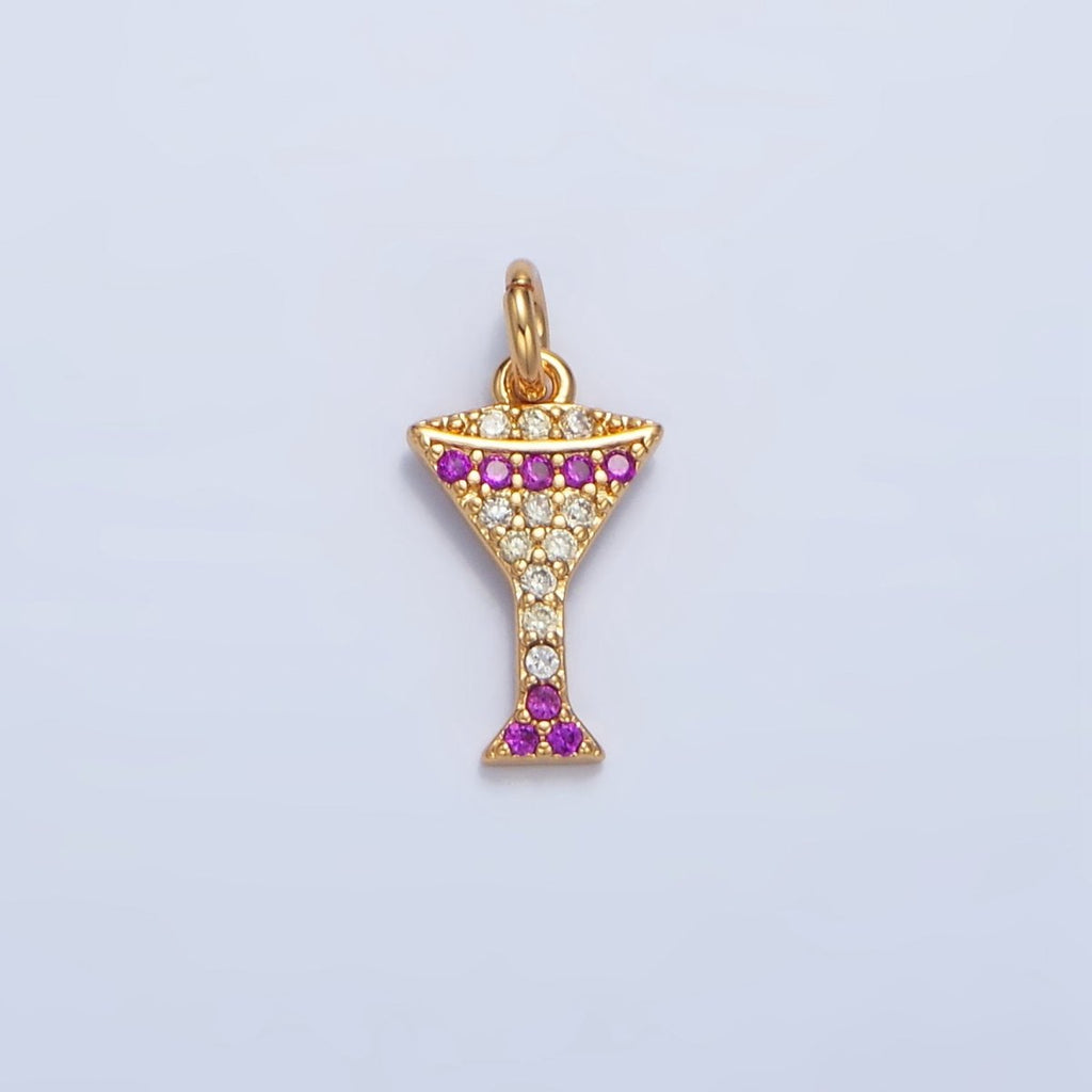 24K Gold plated Fuchsia Micro Paved CZ Martini Alcohol Drink Charm | X791 - DLUXCA