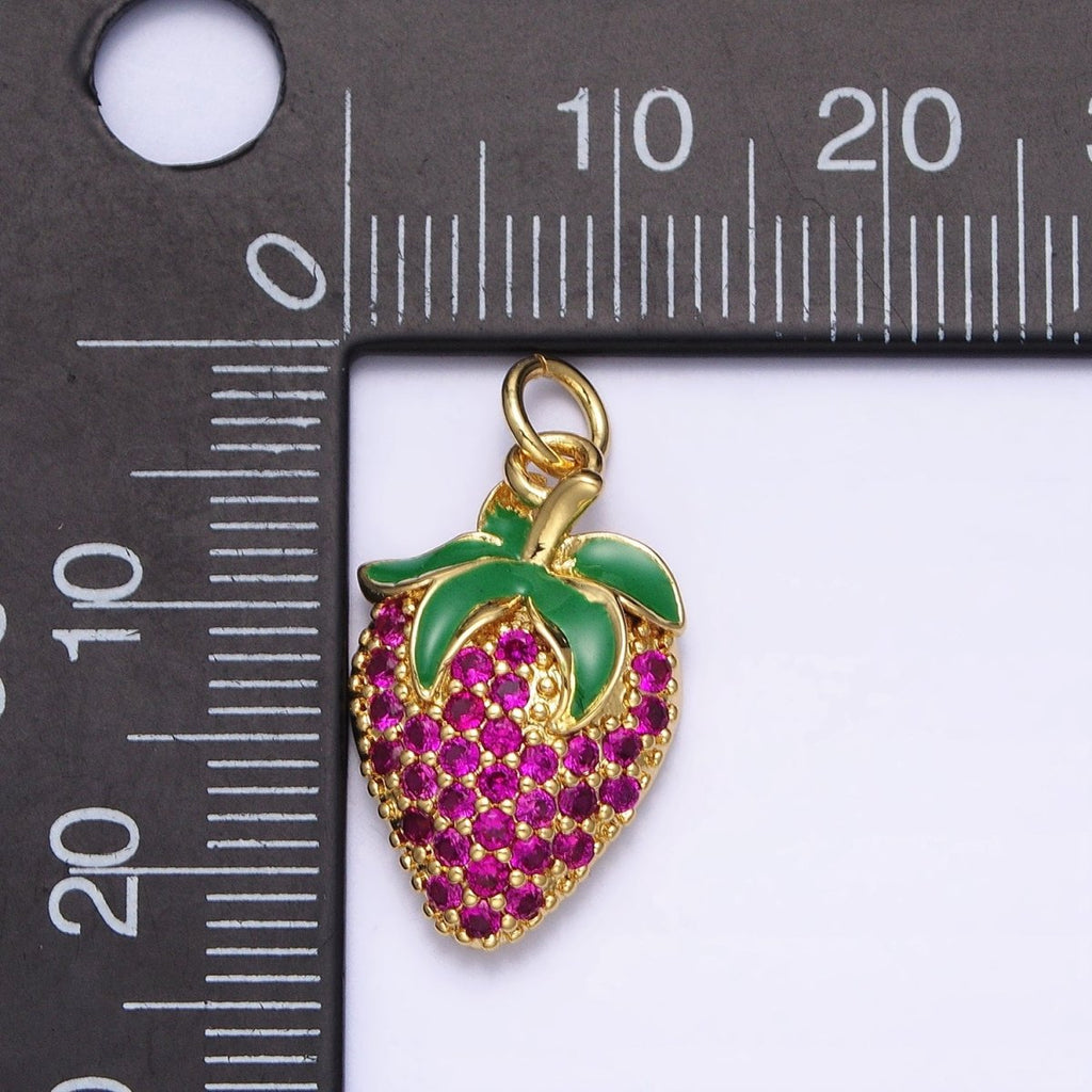 24K Gold plated Fuchsia Micro Paved CZ Strawberry Fruit Add-On Charm | AA214 - DLUXCA