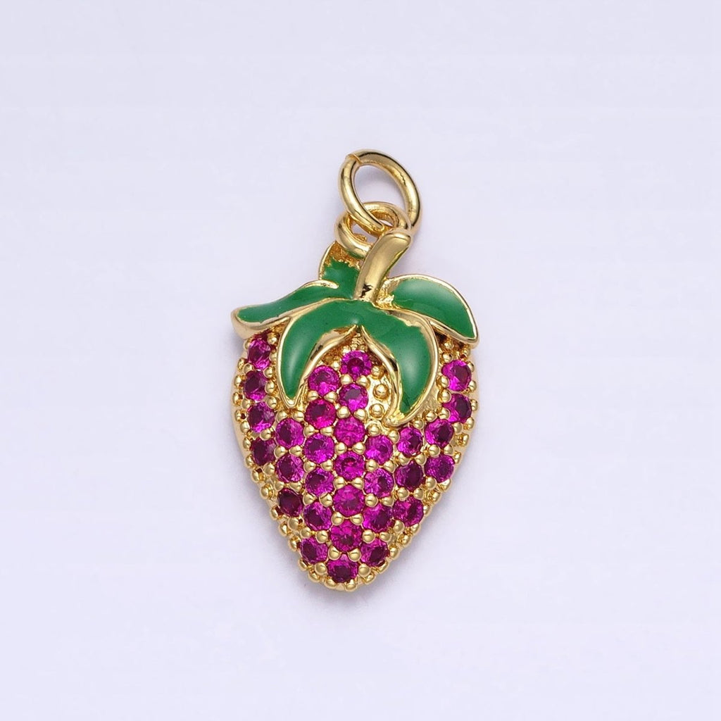 24K Gold plated Fuchsia Micro Paved CZ Strawberry Fruit Add-On Charm | AA214 - DLUXCA