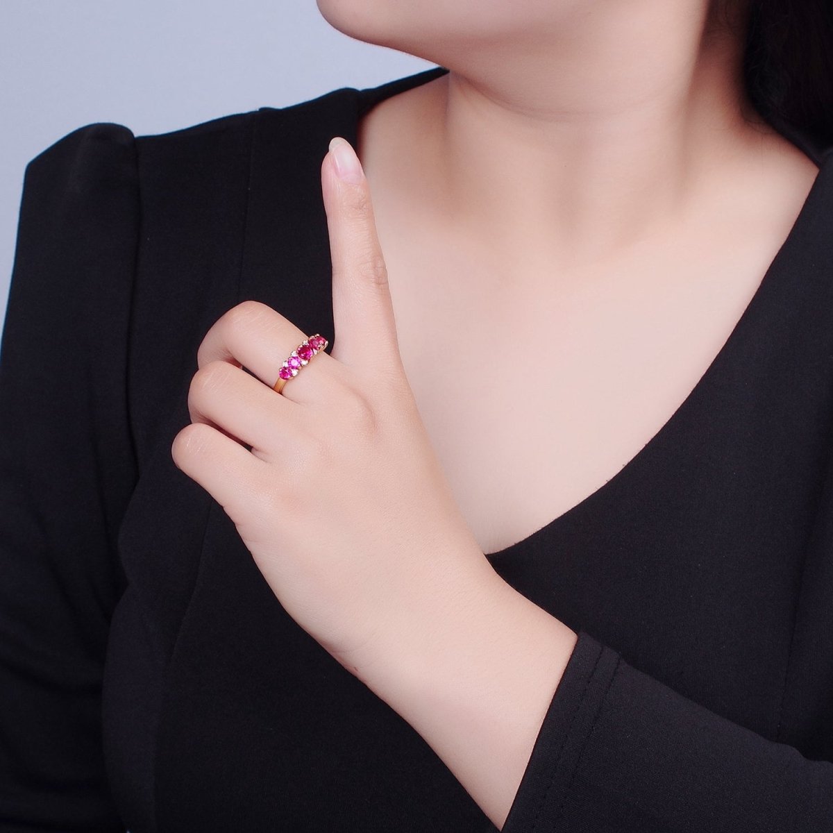 24K Gold plated Fuchsia Pink Promise Ring, Round Cubic Zirconia CZ Ring O-2295 - DLUXCA
