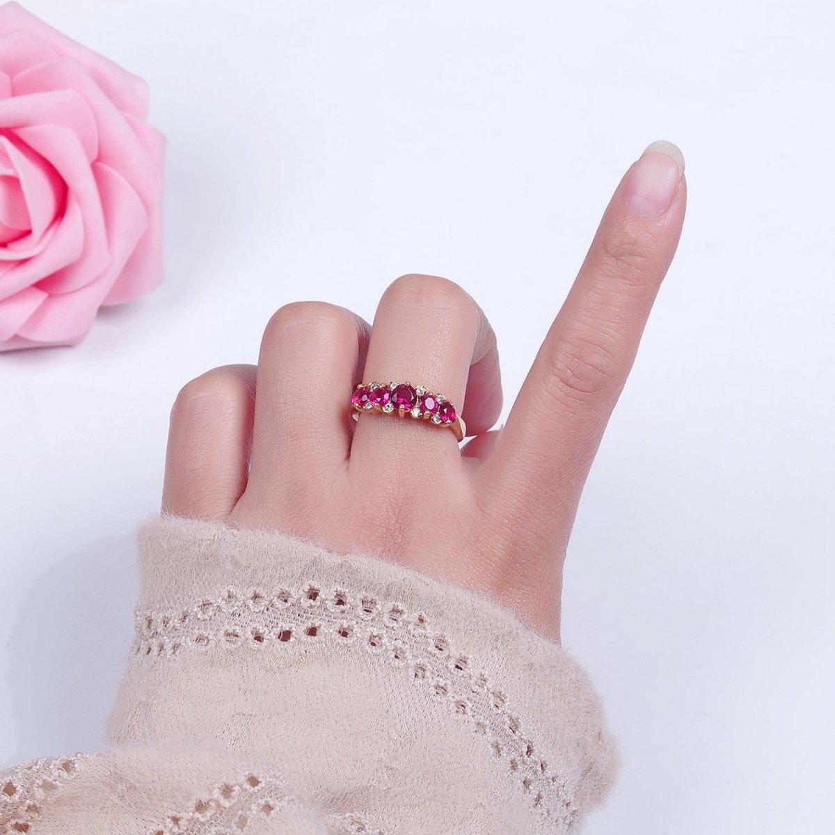24K Gold plated Fuchsia Pink Promise Ring, Round Cubic Zirconia CZ Ring O-2295 - DLUXCA