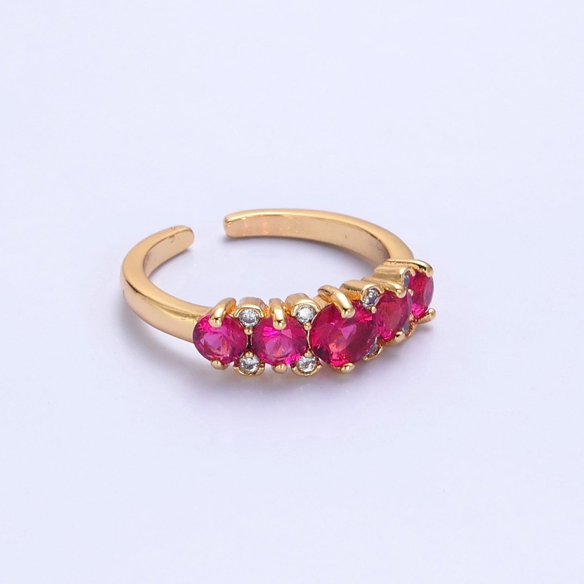 24K Gold plated Fuchsia Pink Promise Ring, Round Cubic Zirconia CZ Ring O-2295 - DLUXCA
