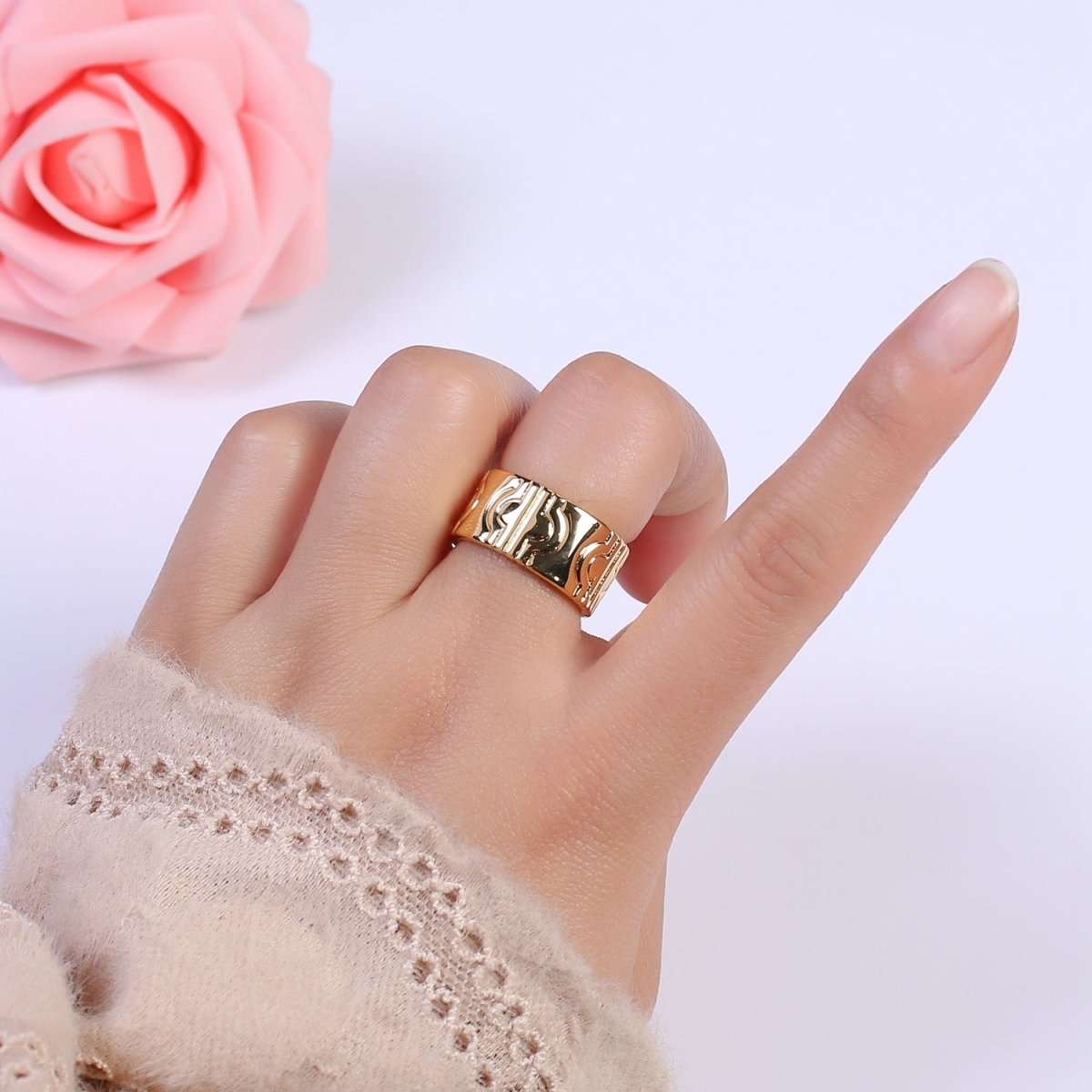 24K Gold plated Geometric Abstract Thick Rings, Carved Circle Statement Rings in Gold & Silver S-319 S-320