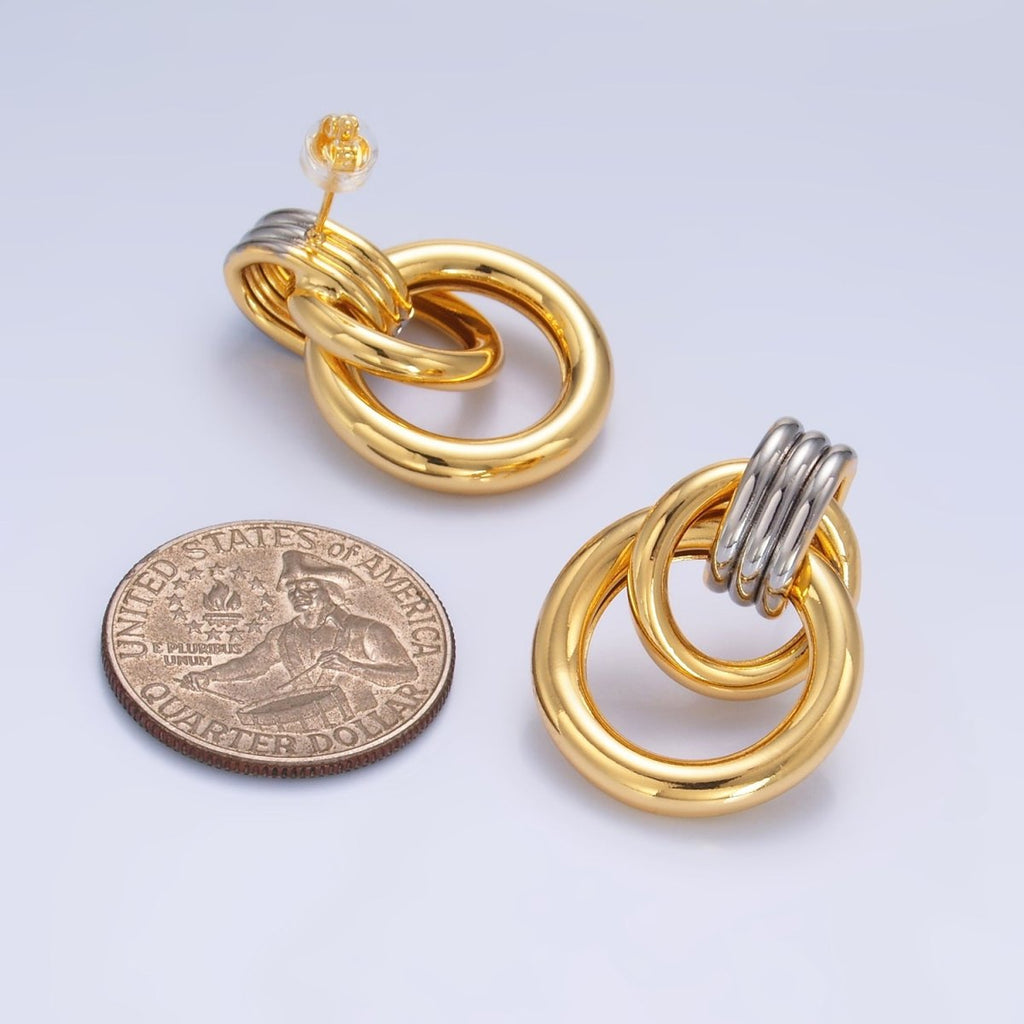 24K Gold plated Geometric Circular Stud Earrings in Mixed Metal | V249 - DLUXCA