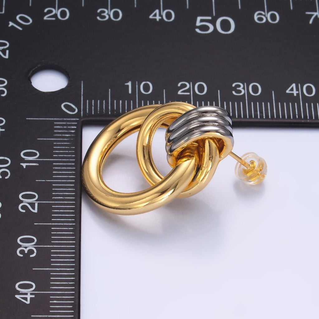 24K Gold plated Geometric Circular Stud Earrings in Mixed Metal | V249 - DLUXCA