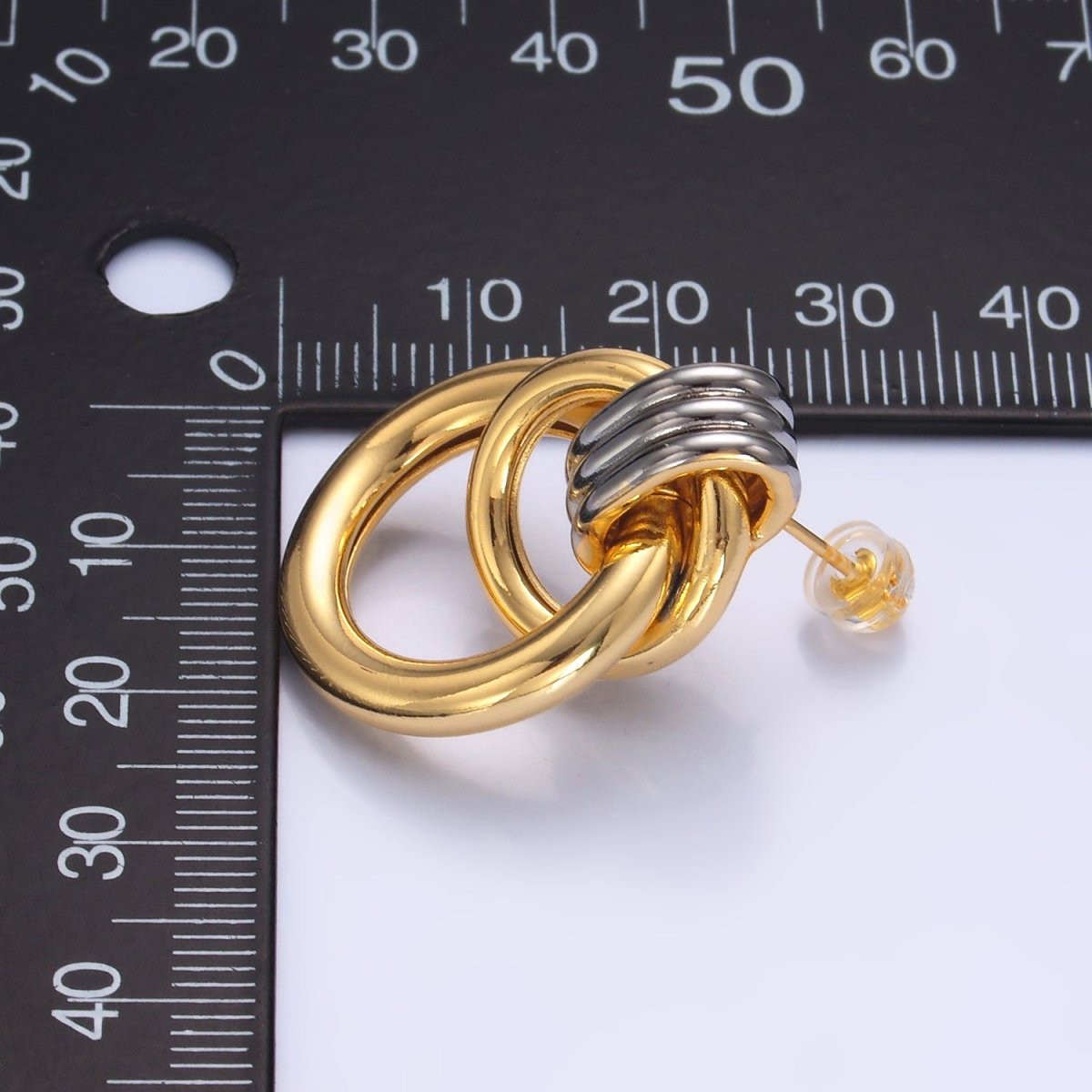 24K Gold plated Geometric Circular Stud Earrings in Mixed Metal | V249 - DLUXCA