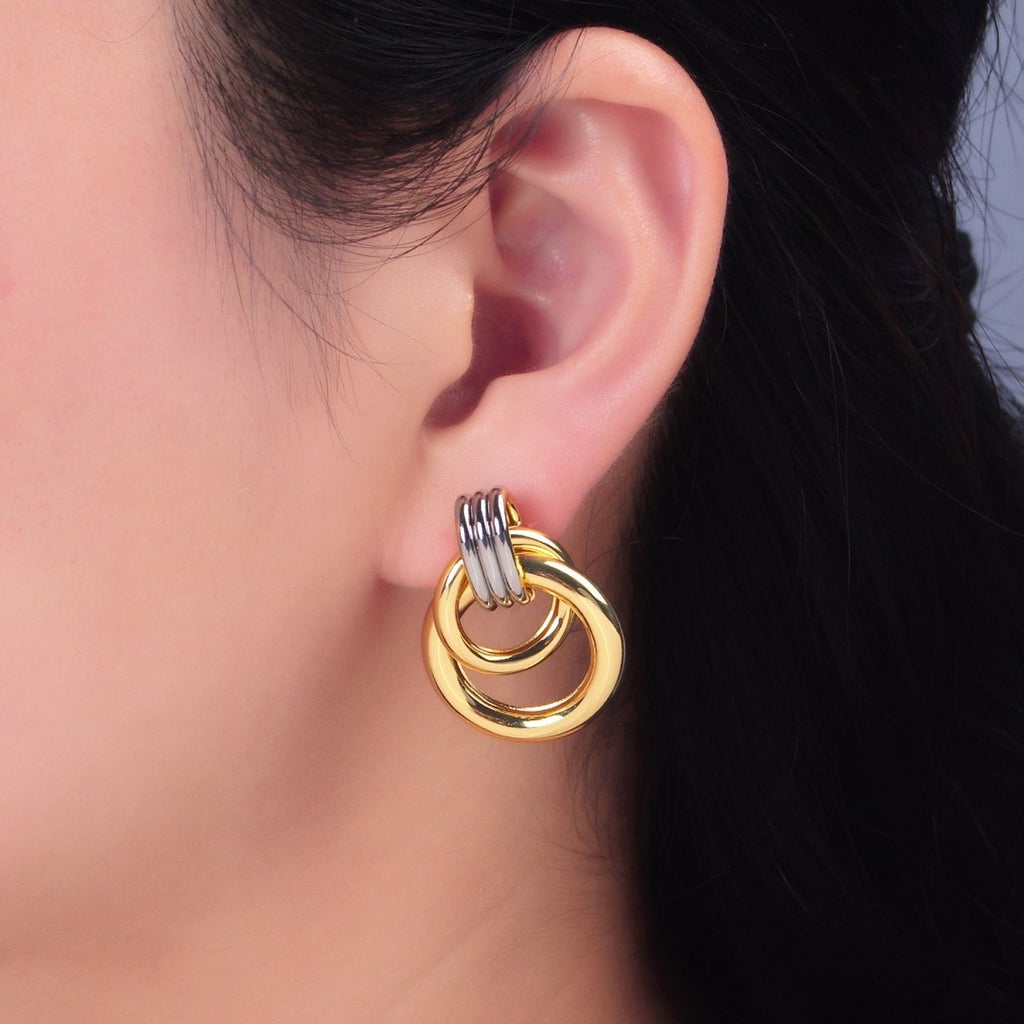 24K Gold plated Geometric Circular Stud Earrings in Mixed Metal | V249 - DLUXCA