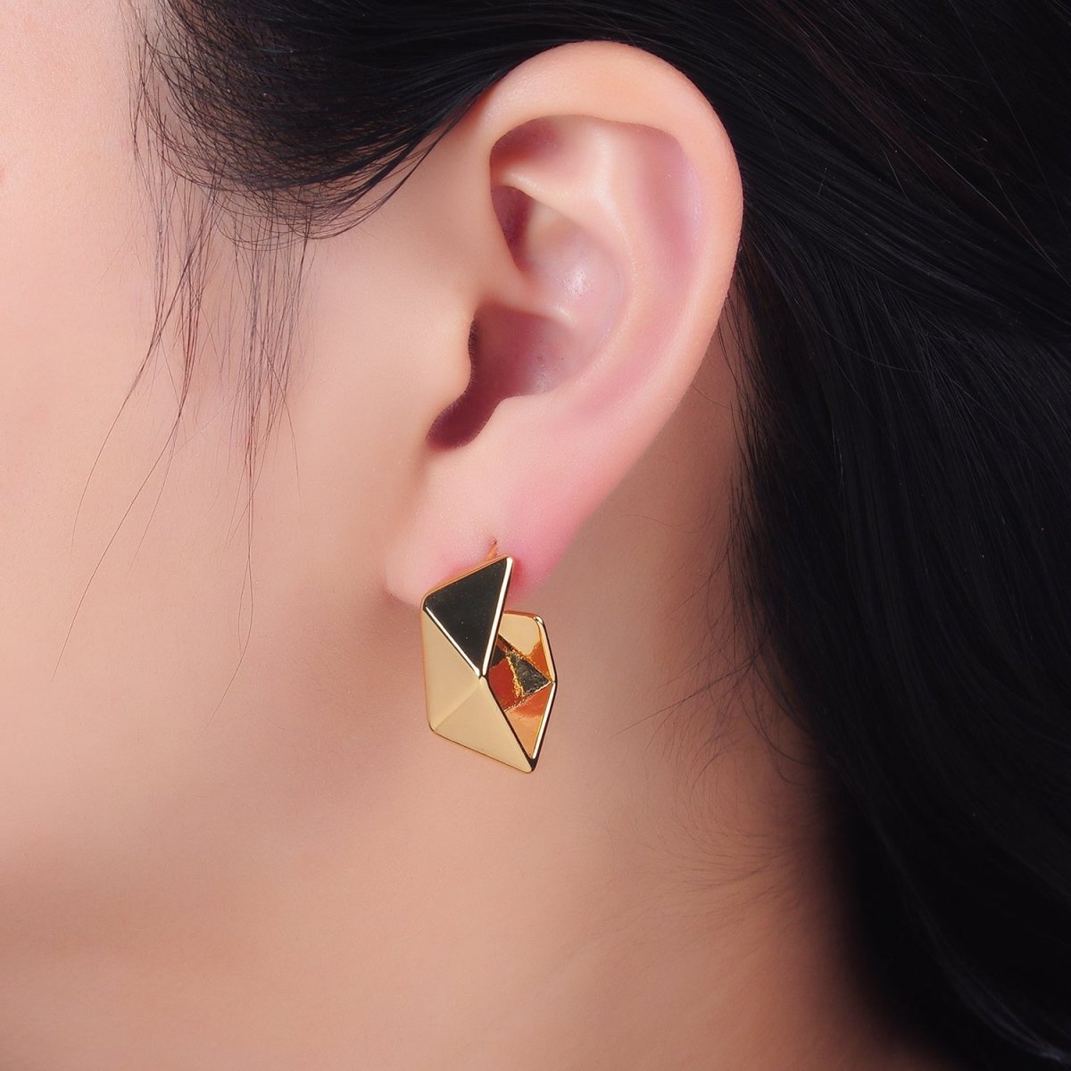 24K Gold plated Geometric Edged C - Shaped Hoop Earrings in Gold & Silver | AB879 AB880 - DLUXCA