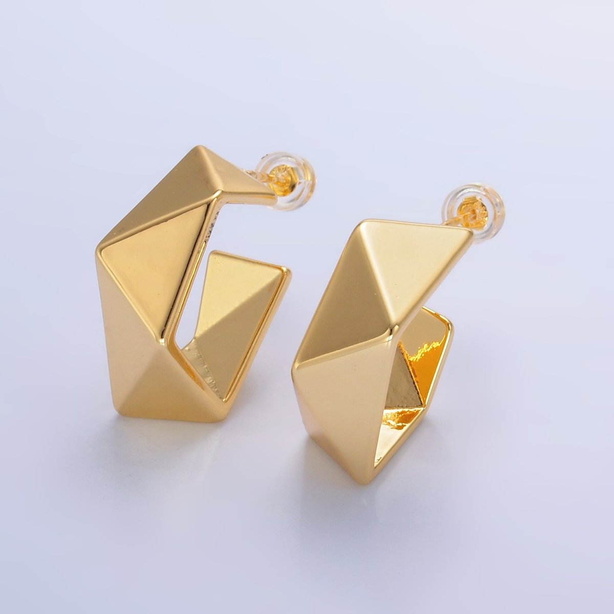 24K Gold plated Geometric Edged C - Shaped Hoop Earrings in Gold & Silver | AB879 AB880 - DLUXCA