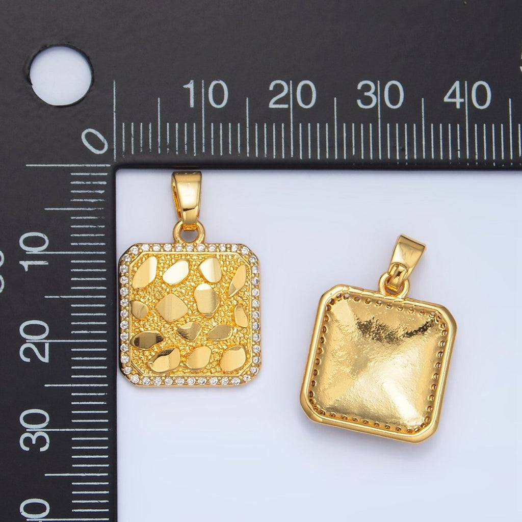 24K Gold plated Geometric Edged Textured Micro Paved CZ Square Pendant | AA945 - DLUXCA