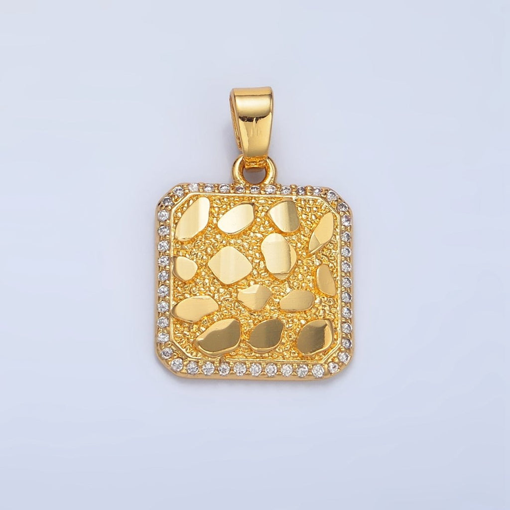 24K Gold plated Geometric Edged Textured Micro Paved CZ Square Pendant | AA945 - DLUXCA