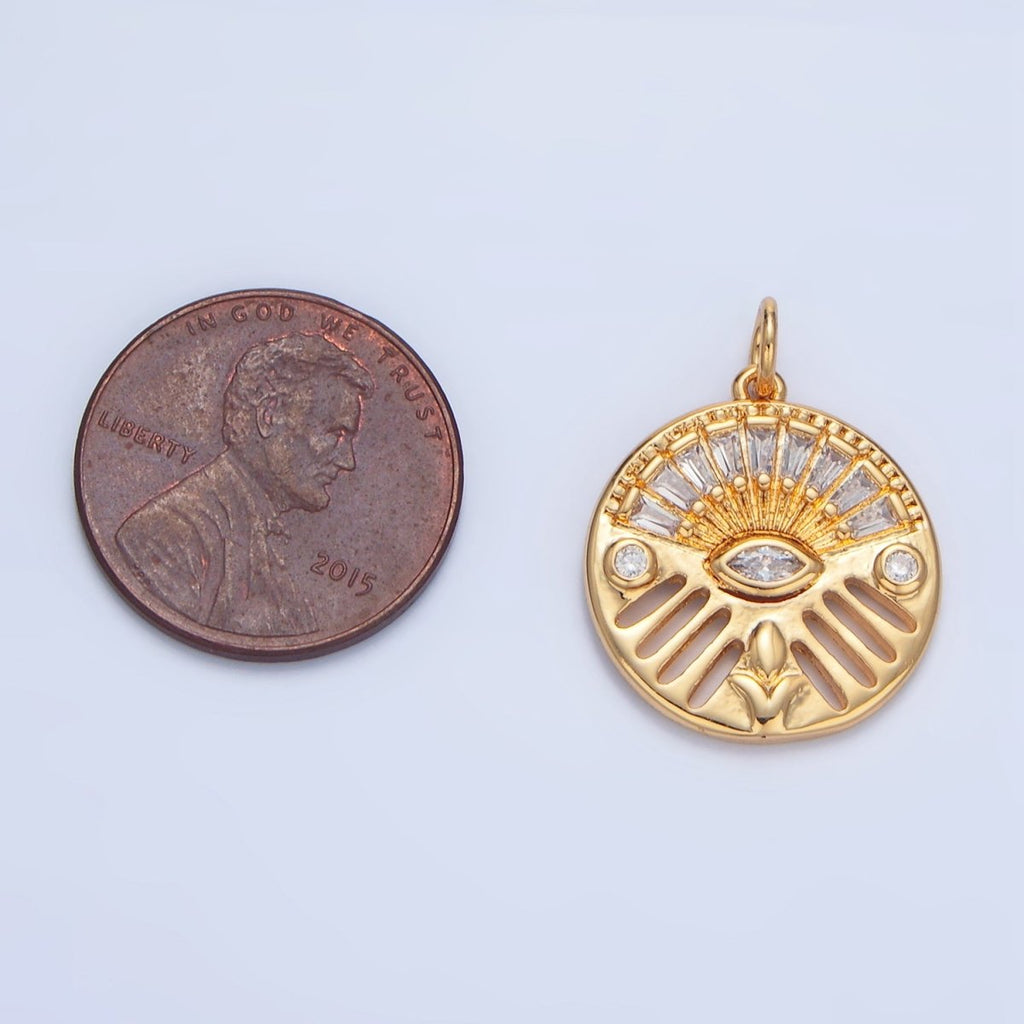 24K Gold plated Geometric Evil Eye Marquise Baguette CZ Open Bar Round Charm | X803 - DLUXCA