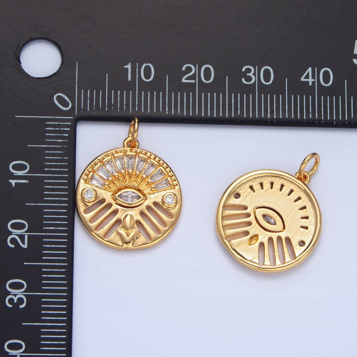 24K Gold plated Geometric Evil Eye Marquise Baguette CZ Open Bar Round Charm | X803 - DLUXCA