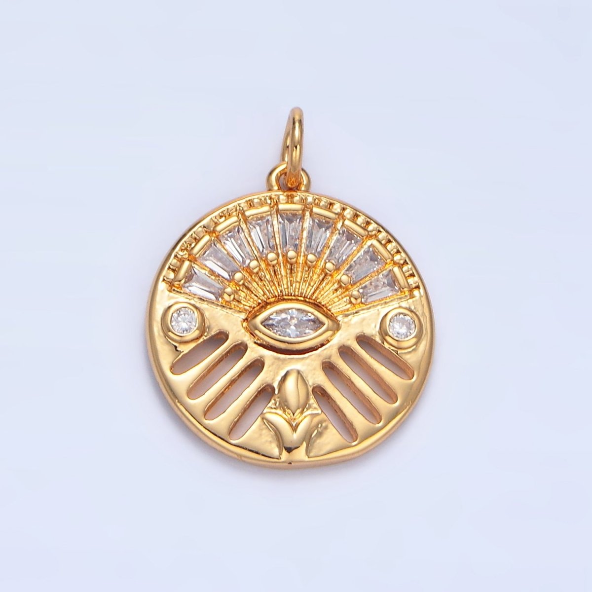 24K Gold plated Geometric Evil Eye Marquise Baguette CZ Open Bar Round Charm | X803 - DLUXCA