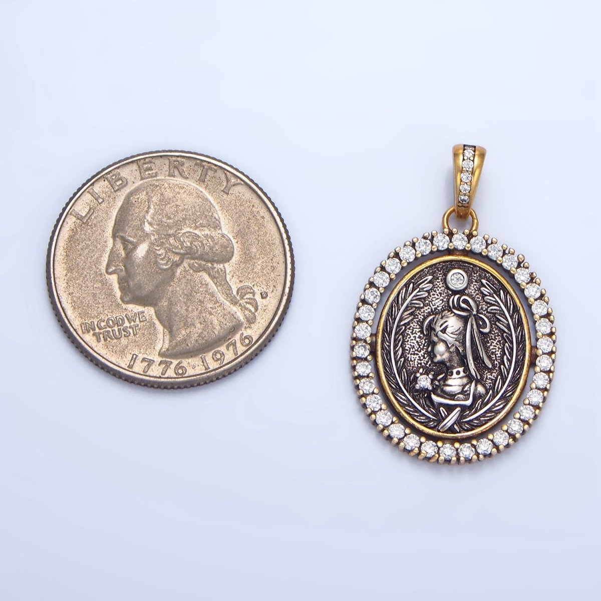 24K Gold plated Girl Portrait Micro Paved CZ Outline Oval Pendant | AA124 - DLUXCA