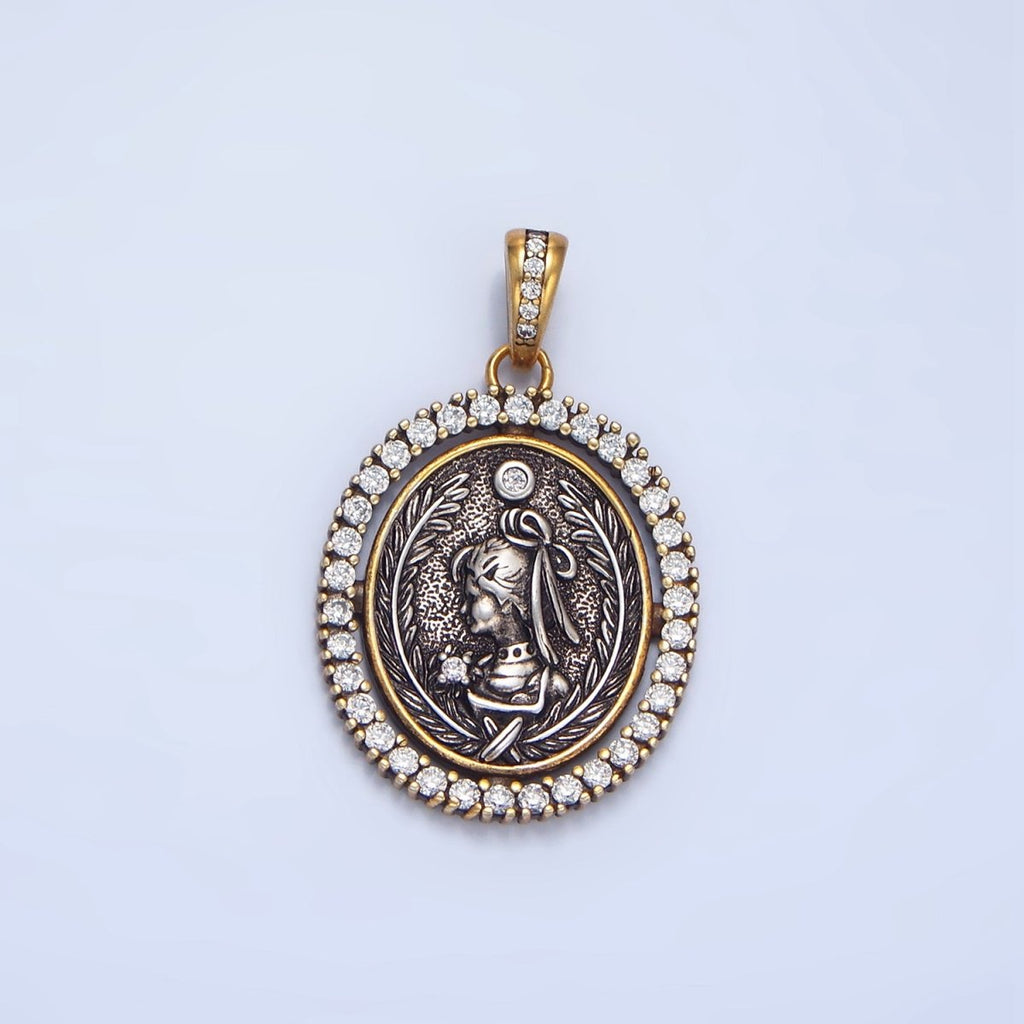 24K Gold plated Girl Portrait Micro Paved CZ Outline Oval Pendant | AA124 - DLUXCA
