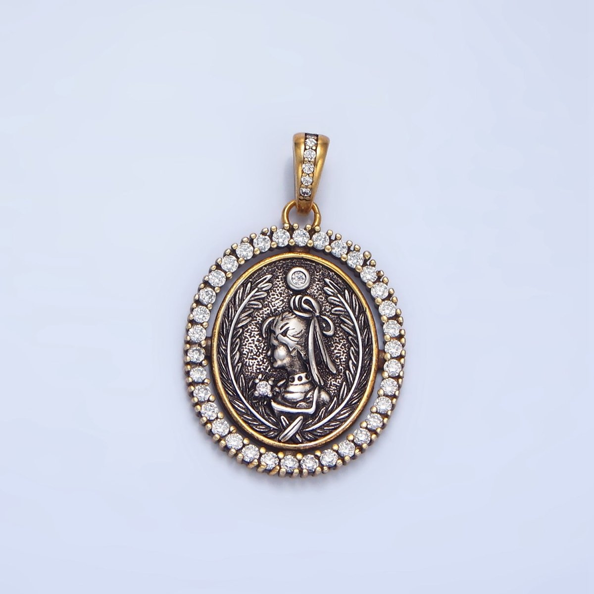 24K Gold plated Girl Portrait Micro Paved CZ Outline Oval Pendant | AA124 - DLUXCA