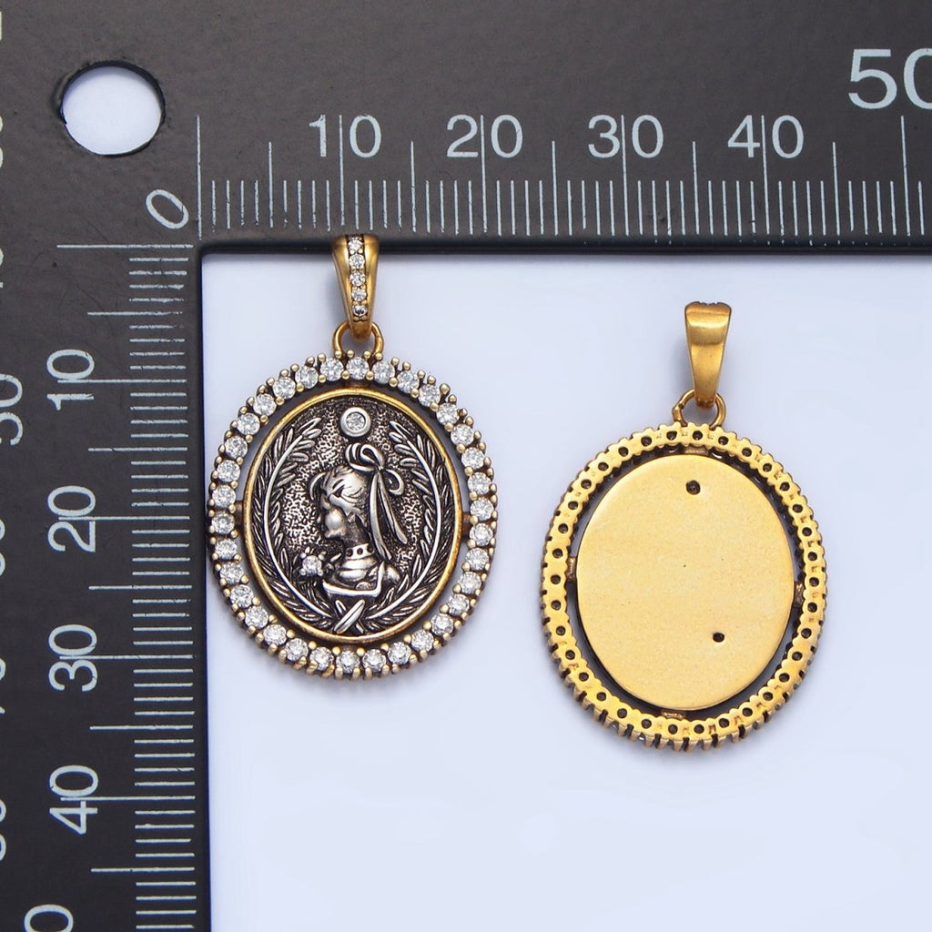 24K Gold plated Girl Portrait Micro Paved CZ Outline Oval Pendant | AA124 - DLUXCA