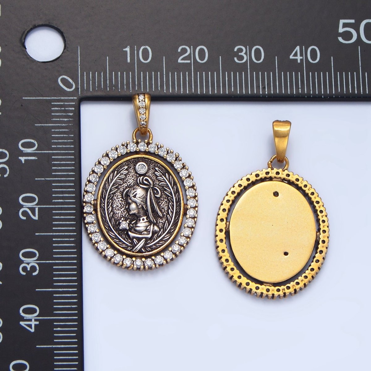 24K Gold plated Girl Portrait Micro Paved CZ Outline Oval Pendant | AA124 - DLUXCA