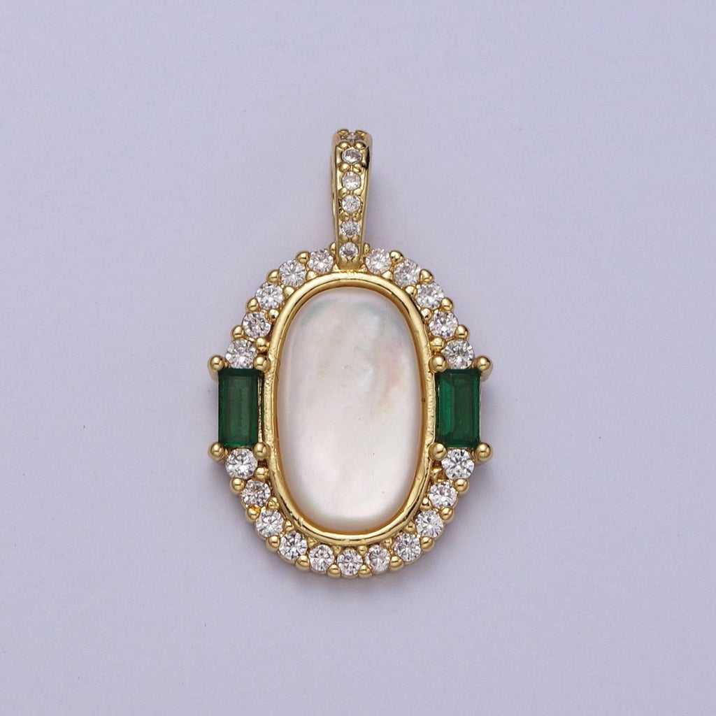 24K Gold plated Glossy Shell Pearl Green Baguette Micro Paved CZ Pendant H-396 - DLUXCA