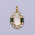 24K Gold plated Glossy Shell Pearl Green Baguette Micro Paved CZ Pendant H-396 - DLUXCA