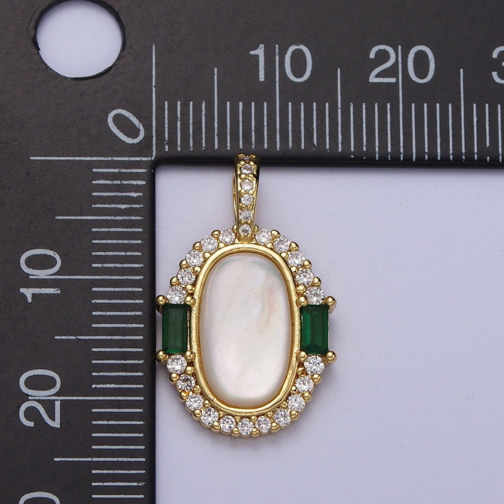 24K Gold plated Glossy Shell Pearl Green Baguette Micro Paved CZ Pendant H-396 - DLUXCA