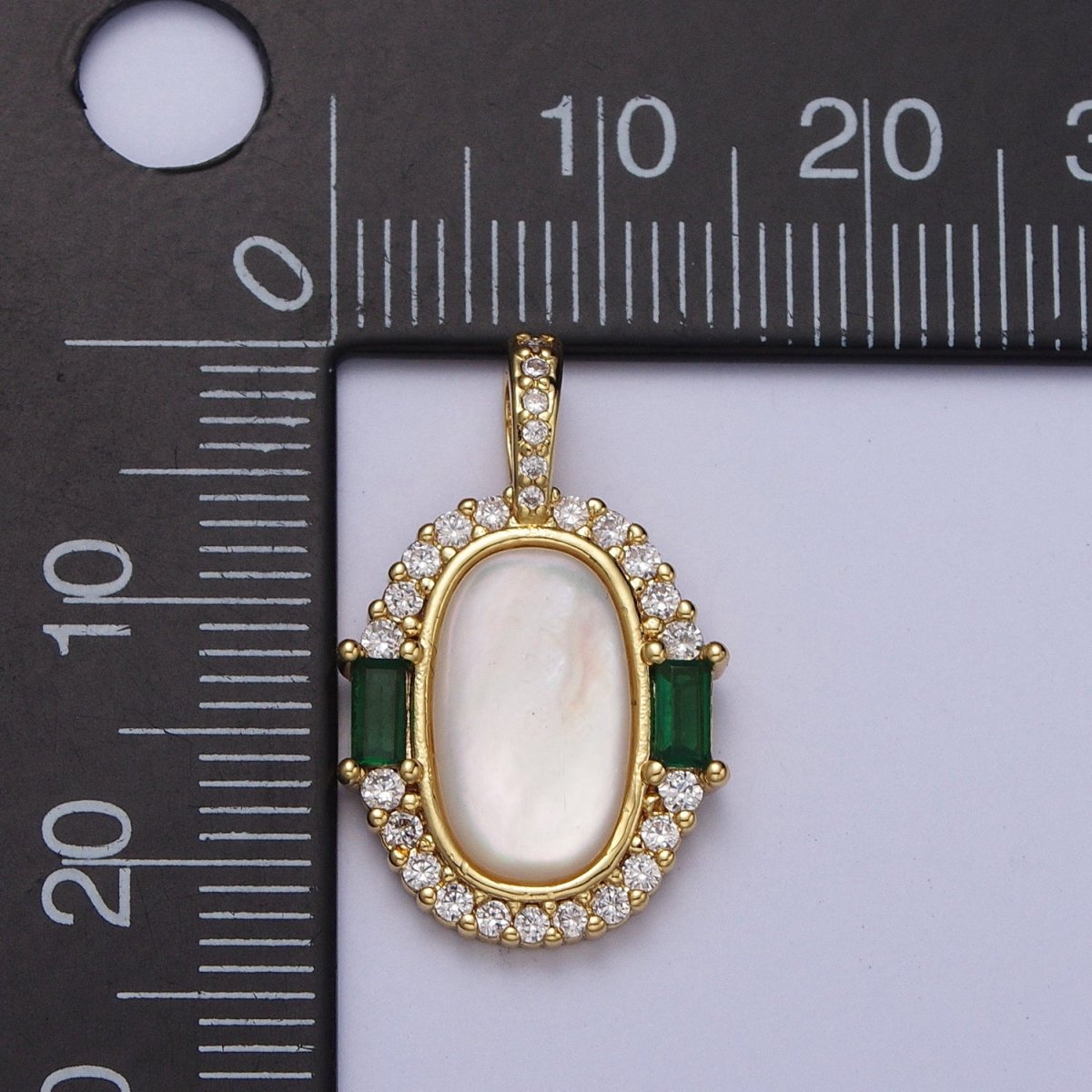 24K Gold plated Glossy Shell Pearl Green Baguette Micro Paved CZ Pendant H-396 - DLUXCA