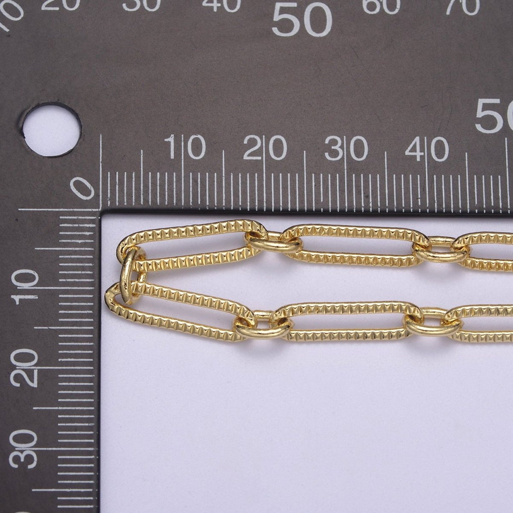 24k Gold plated Gold Cable Paperclip Chain by Yard, Link Cable Thick Elongated Chain, Wholesale Bulk Roll Chain Jewelry Making, 18.7X5.1mm Textured Paper Clip Chain | ROLL-609, ROLL-610 Clearance Pricing