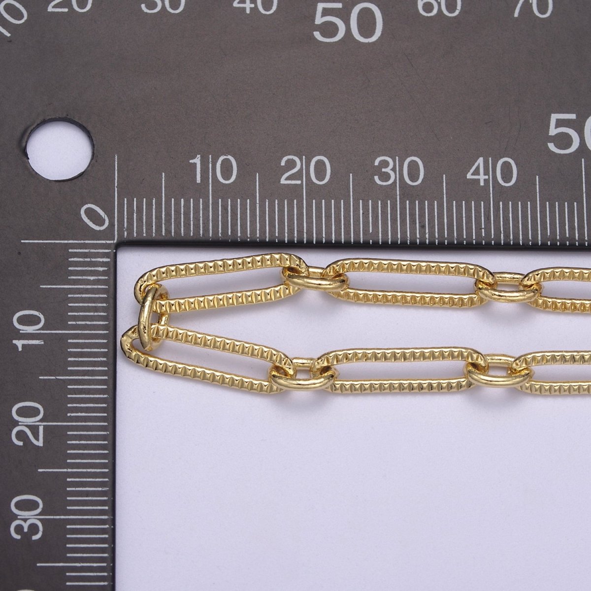 24k Gold plated Gold Cable Paperclip Chain by Yard, Link Cable Thick Elongated Chain, Wholesale Bulk Roll Chain Jewelry Making, 18.7X5.1mm Textured Paper Clip Chain | ROLL-609, ROLL-610 Clearance Pricing