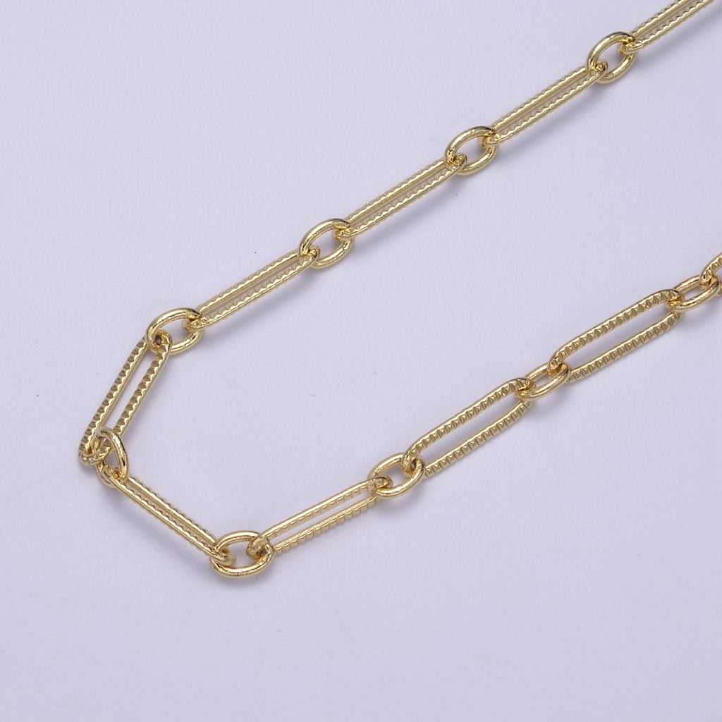 24k Gold plated Gold Cable Paperclip Chain by Yard, Link Cable Thick Elongated Chain, Wholesale Bulk Roll Chain Jewelry Making, 18.7X5.1mm Textured Paper Clip Chain | ROLL-609, ROLL-610 Clearance Pricing
