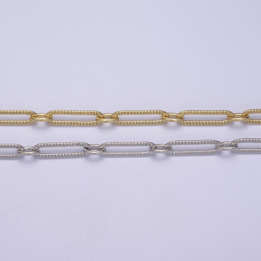 24k Gold plated Gold Cable Paperclip Chain by Yard, Link Cable Thick Elongated Chain, Wholesale Bulk Roll Chain Jewelry Making, 18.7X5.1mm Textured Paper Clip Chain | ROLL-609, ROLL-610 Clearance Pricing