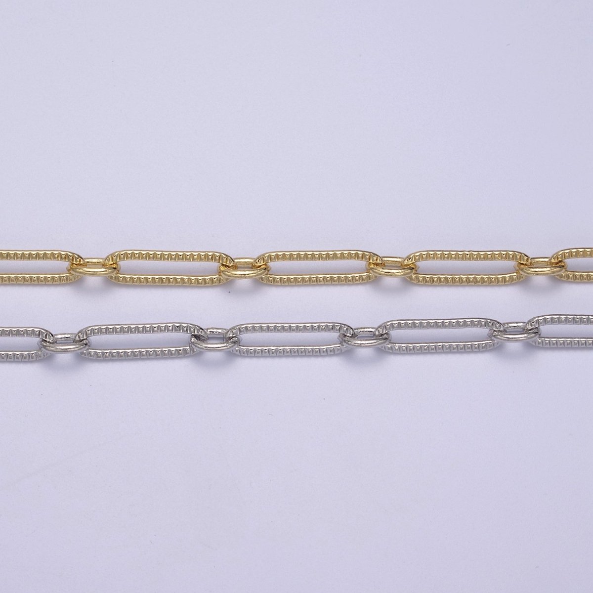 24k Gold plated Gold Cable Paperclip Chain by Yard, Link Cable Thick Elongated Chain, Wholesale Bulk Roll Chain Jewelry Making, 18.7X5.1mm Textured Paper Clip Chain | ROLL-609, ROLL-610 Clearance Pricing