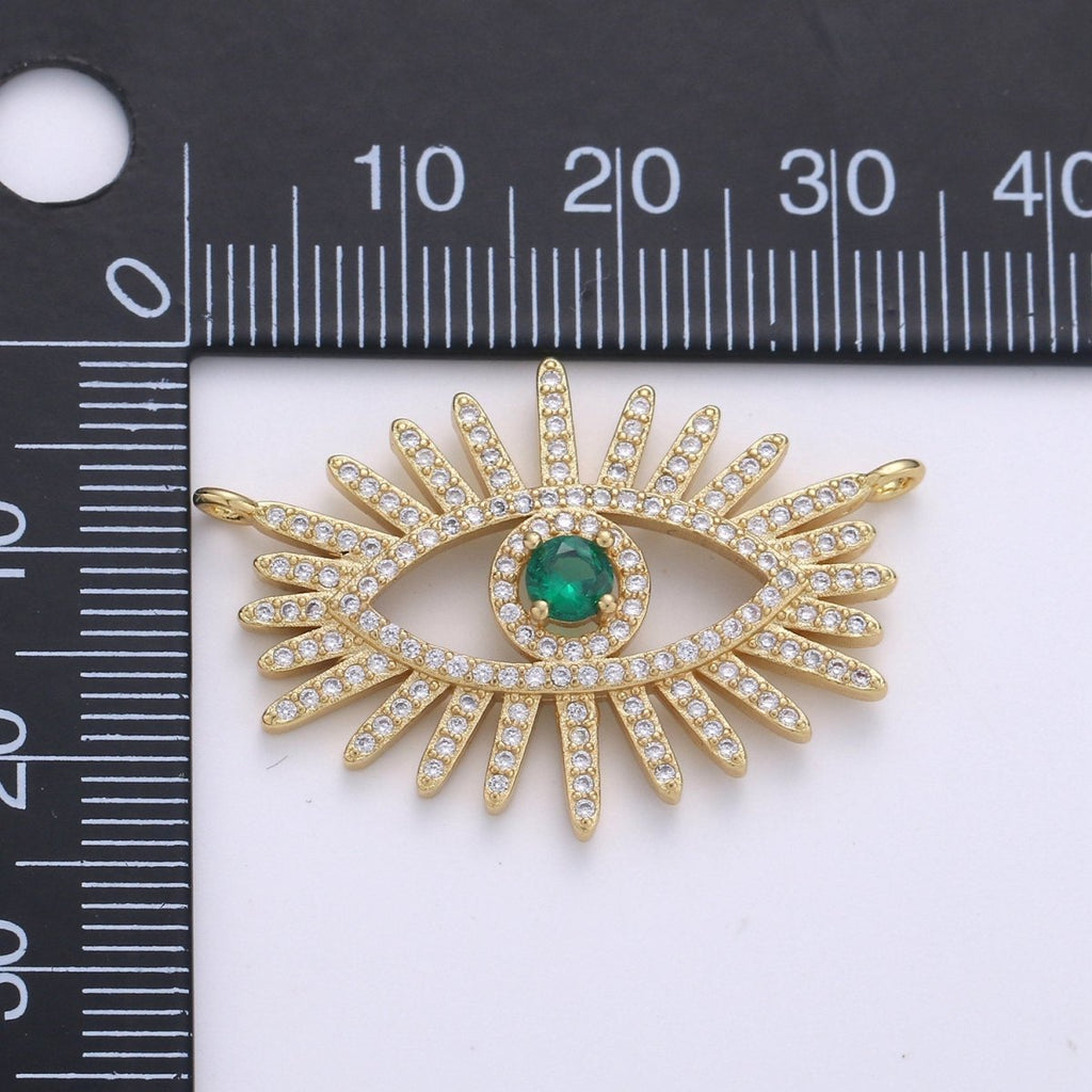 24k Gold plated Gold Evil Eye, Micro Pave Evil Eye Charm, Green Cubic Charms, Evil Eye Pendant for Statement Necklace Component D-089 - DLUXCA
