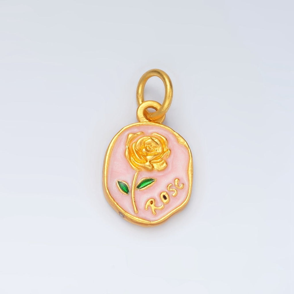 24K Gold plated Gold Rose, 17mm Round Floral Charm | M150 - DLUXCA