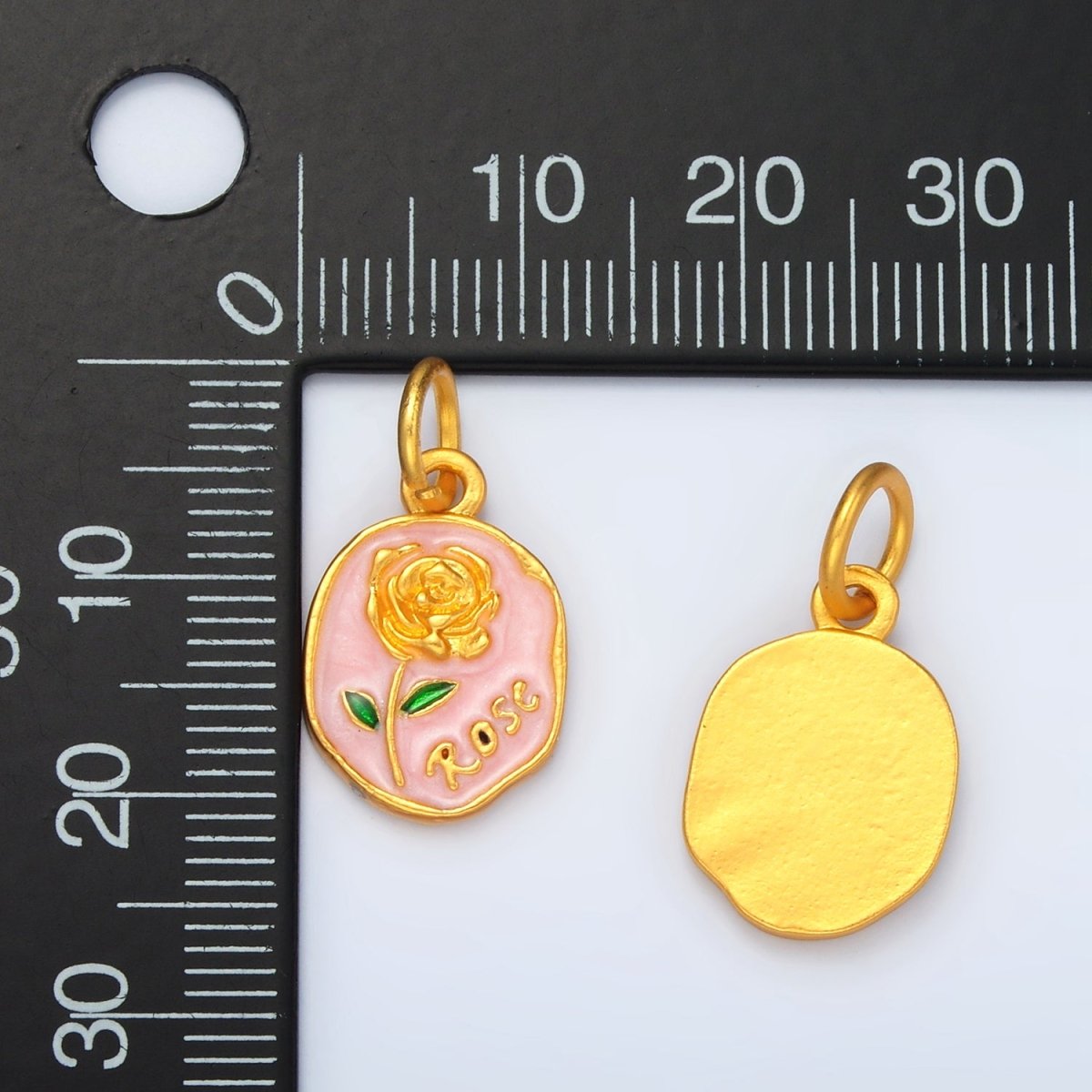 24K Gold plated Gold Rose, 17mm Round Floral Charm | M150 - DLUXCA