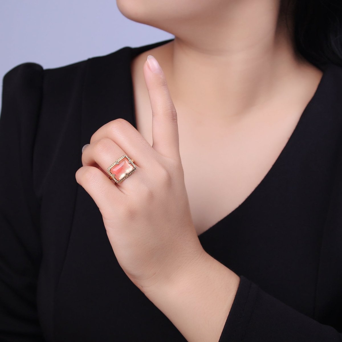 24K Gold plated Gold Watermelon Pink Rectangular Gemstone Ring, Chunky Statement Ring | U-453 - DLUXCA