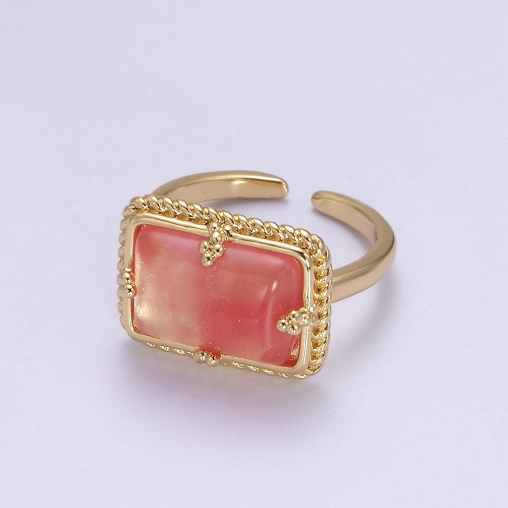 24K Gold plated Gold Watermelon Pink Rectangular Gemstone Ring, Chunky Statement Ring | U-453 - DLUXCA