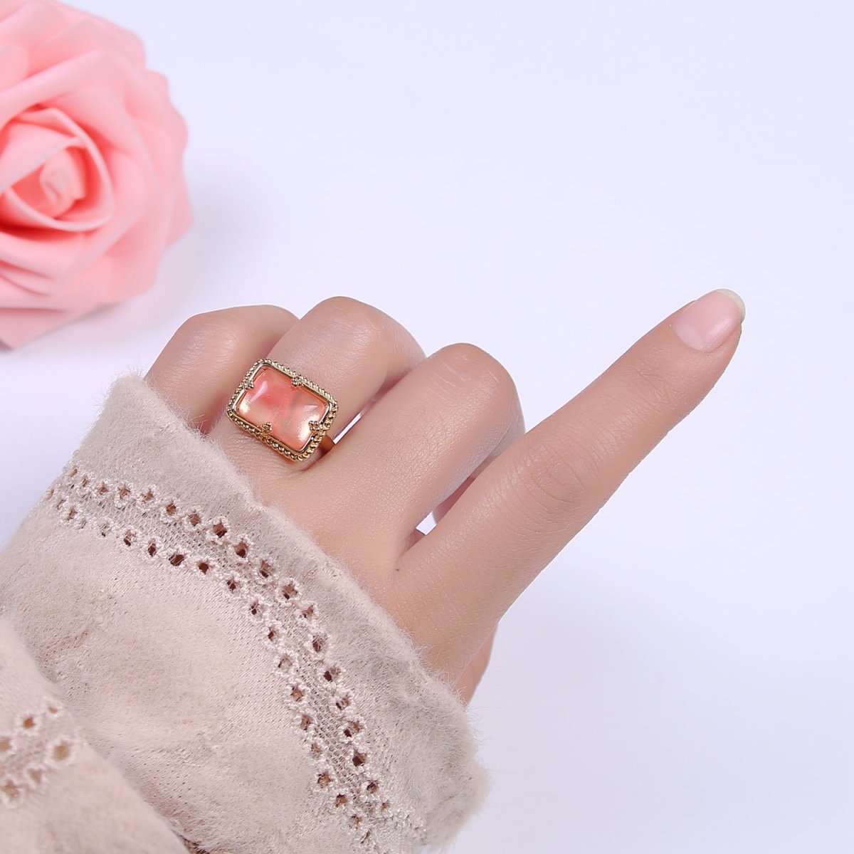 24K Gold plated Gold Watermelon Pink Rectangular Gemstone Ring, Chunky Statement Ring | U-453 - DLUXCA