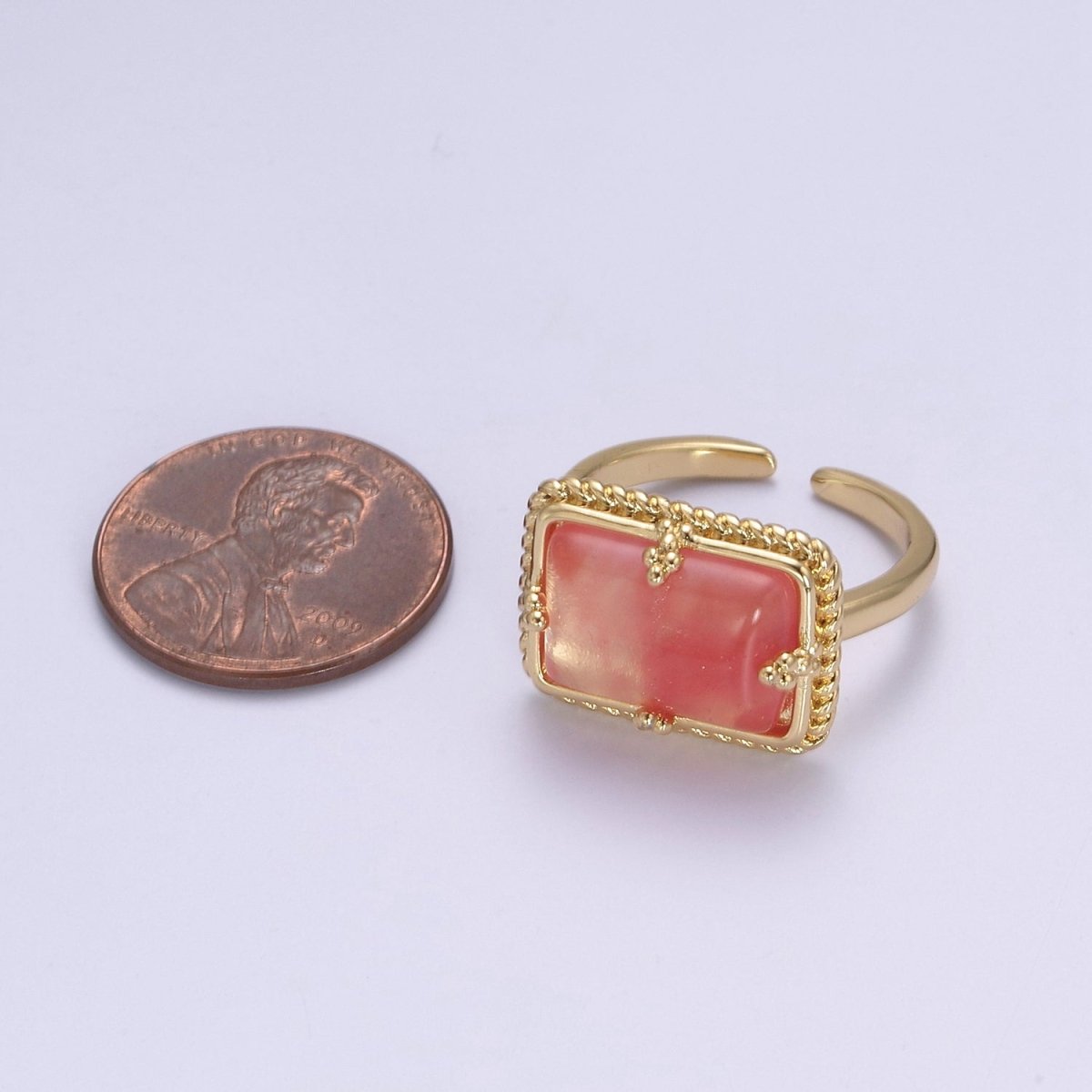 24K Gold plated Gold Watermelon Pink Rectangular Gemstone Ring, Chunky Statement Ring | U-453 - DLUXCA