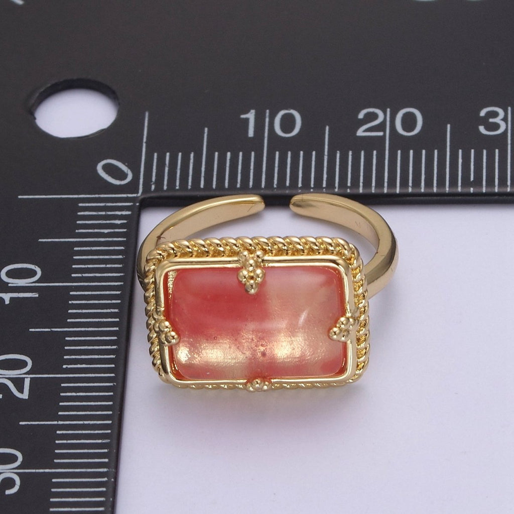 24K Gold plated Gold Watermelon Pink Rectangular Gemstone Ring, Chunky Statement Ring | U-453 - DLUXCA