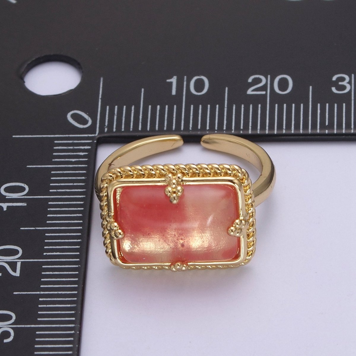 24K Gold plated Gold Watermelon Pink Rectangular Gemstone Ring, Chunky Statement Ring | U-453 - DLUXCA