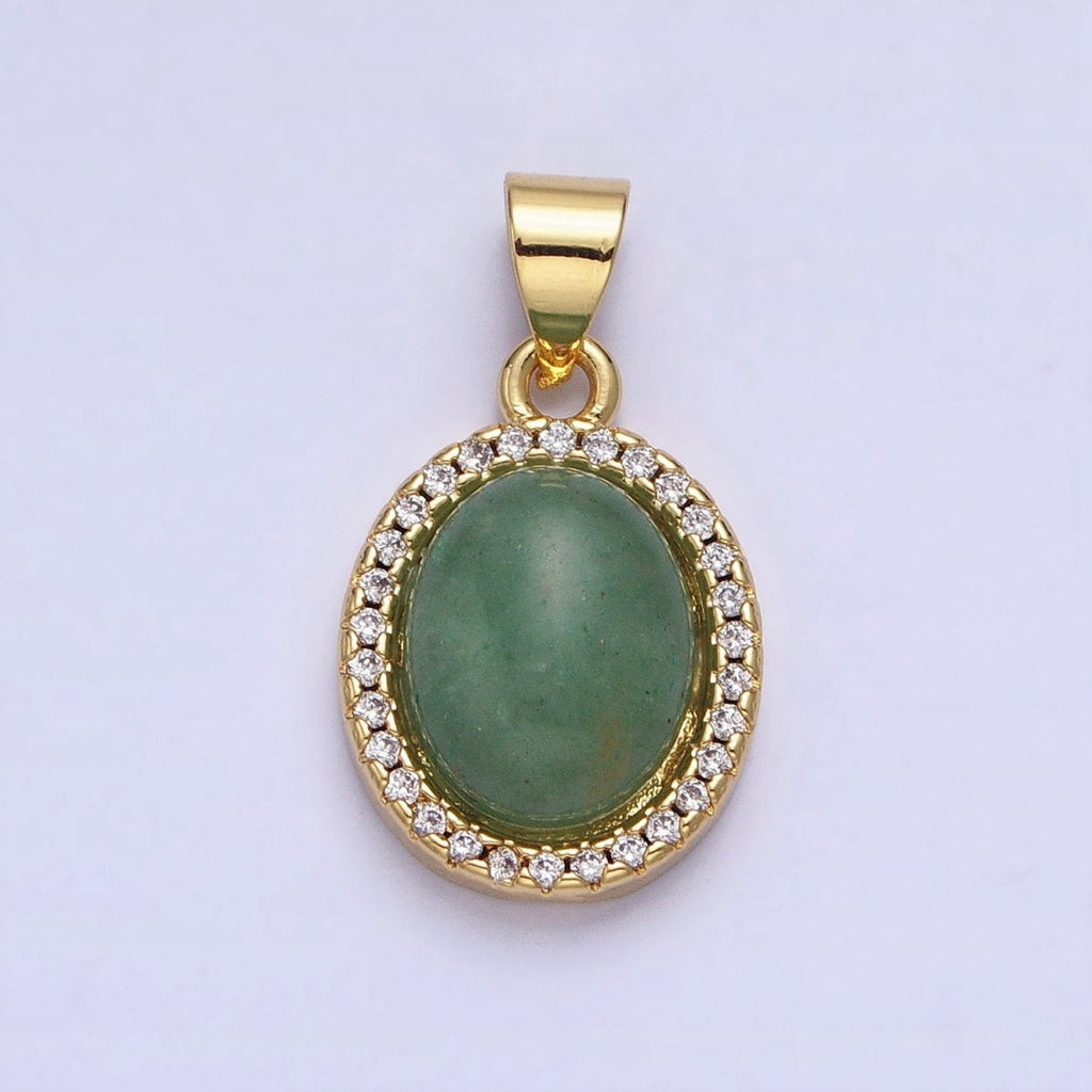 24K Gold plated Green Aventurine Natural Gemstone Micro Paved CZ Oval Pendant | AA180 - DLUXCA